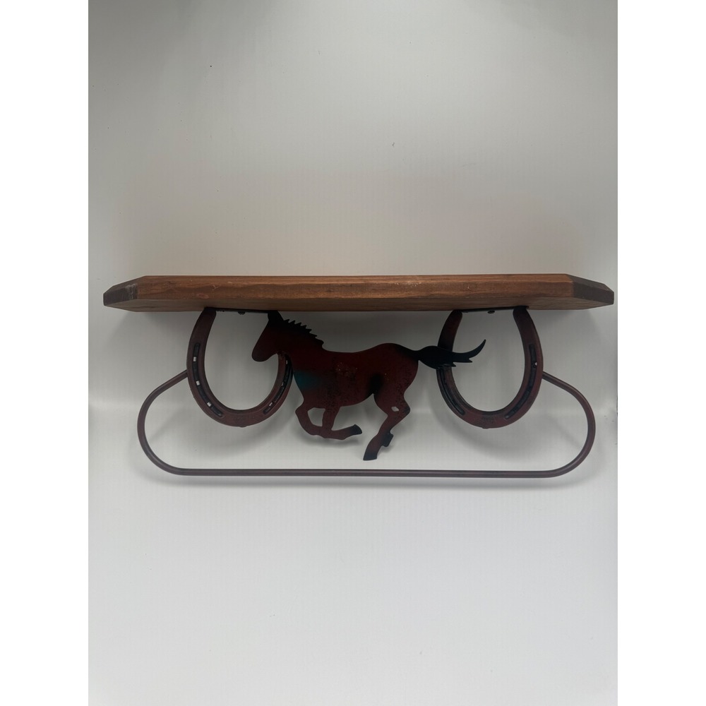 Western Horseshoe Wood Wall Shelf with Galloping Horse Silhouette Rustic Decor
